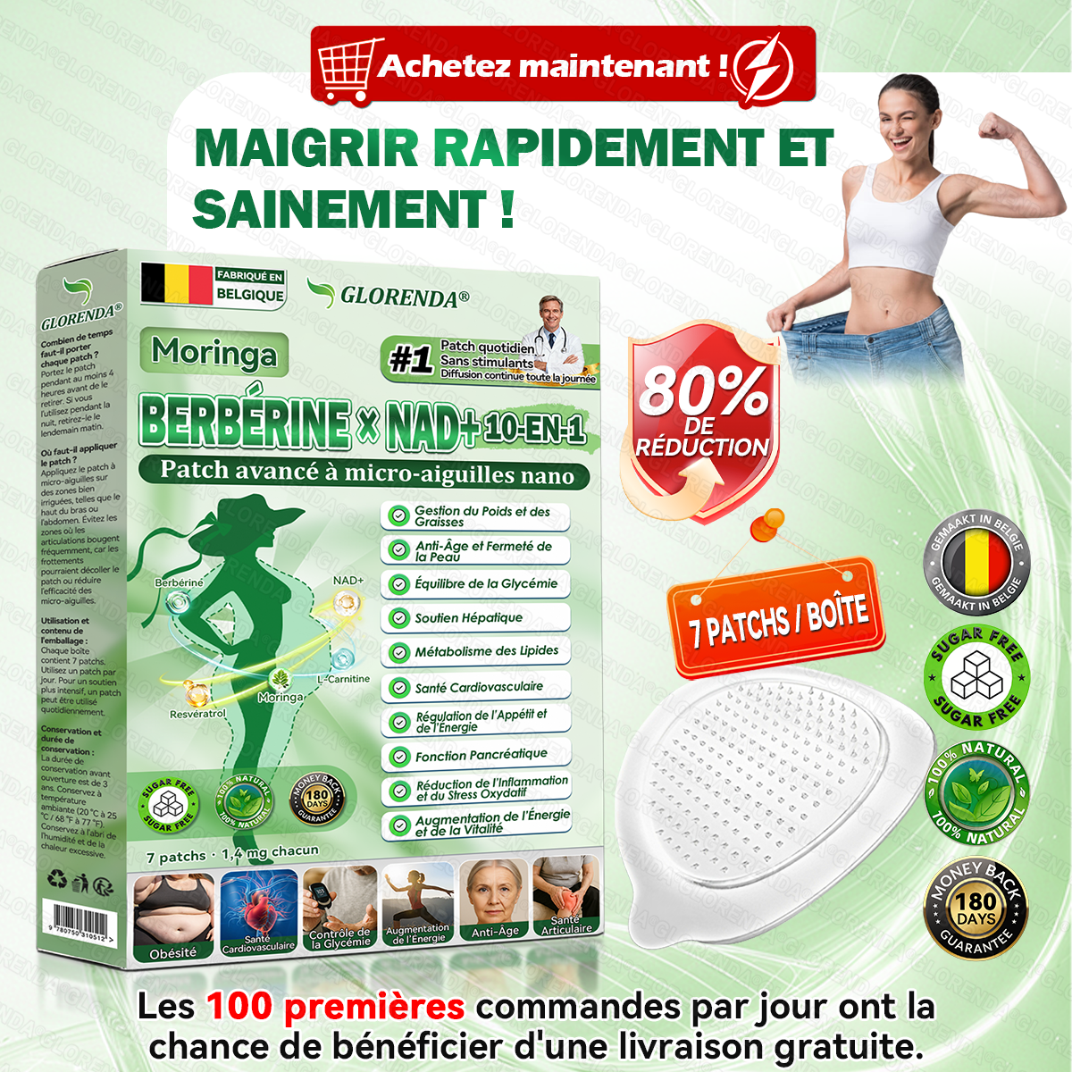 Boutique officielle 🫐🫐 𝐆𝐋𝐎𝐑𝐄𝐍𝐃𝐀® Moringa · Berbérine + NAD+ – Patch Microneedle Nano Avancé 10-en-1 (1×/jour, résultats visibles en 7 jours) | Obésité, relâchement cutané, apnée du sommeil, articulations, etc.